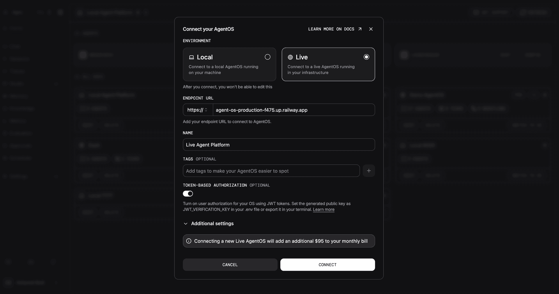 Connect dialog for a live AgentOS with Token Based Authorization enabled