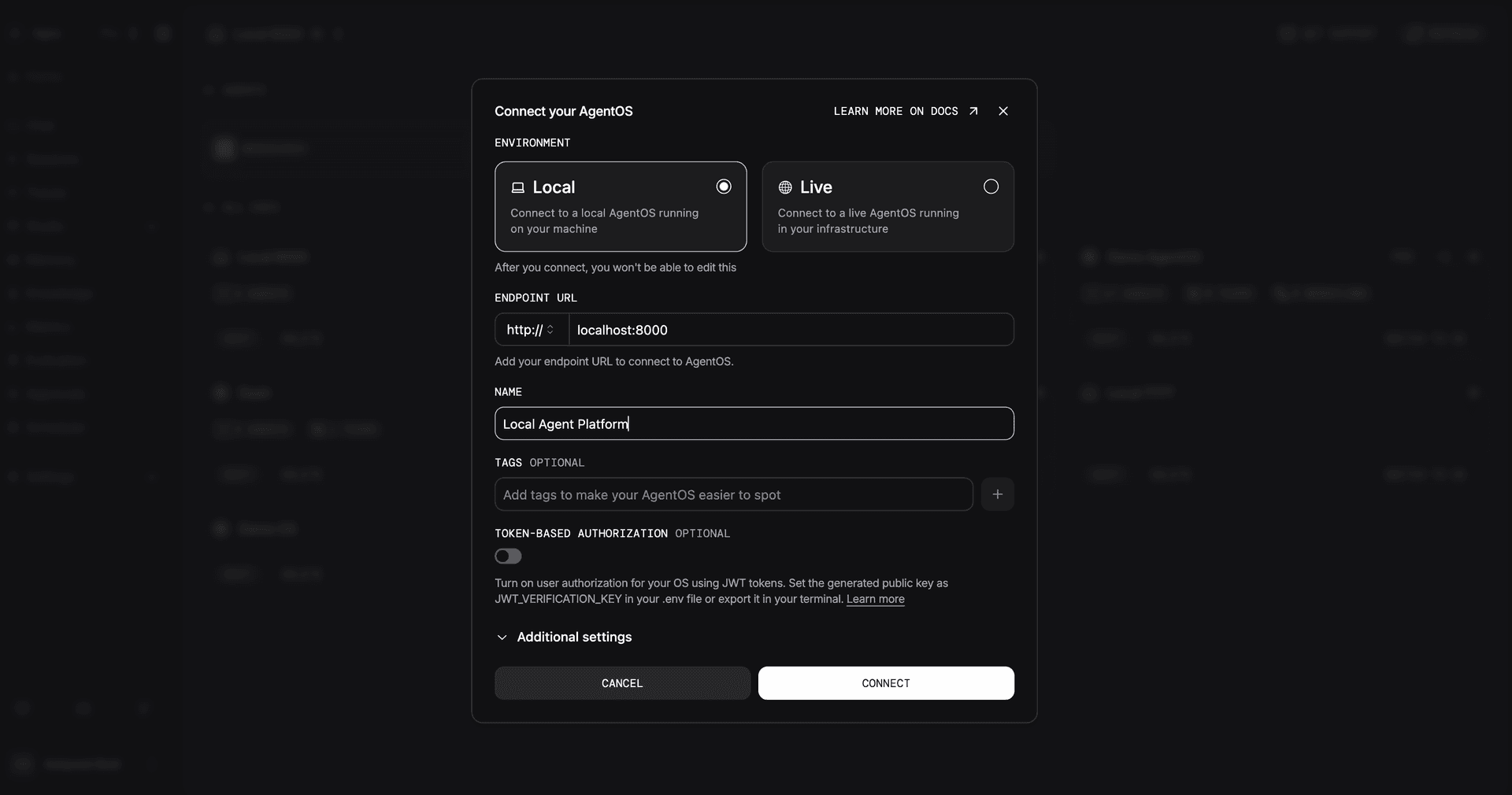 Connect dialog for a local AgentOS
