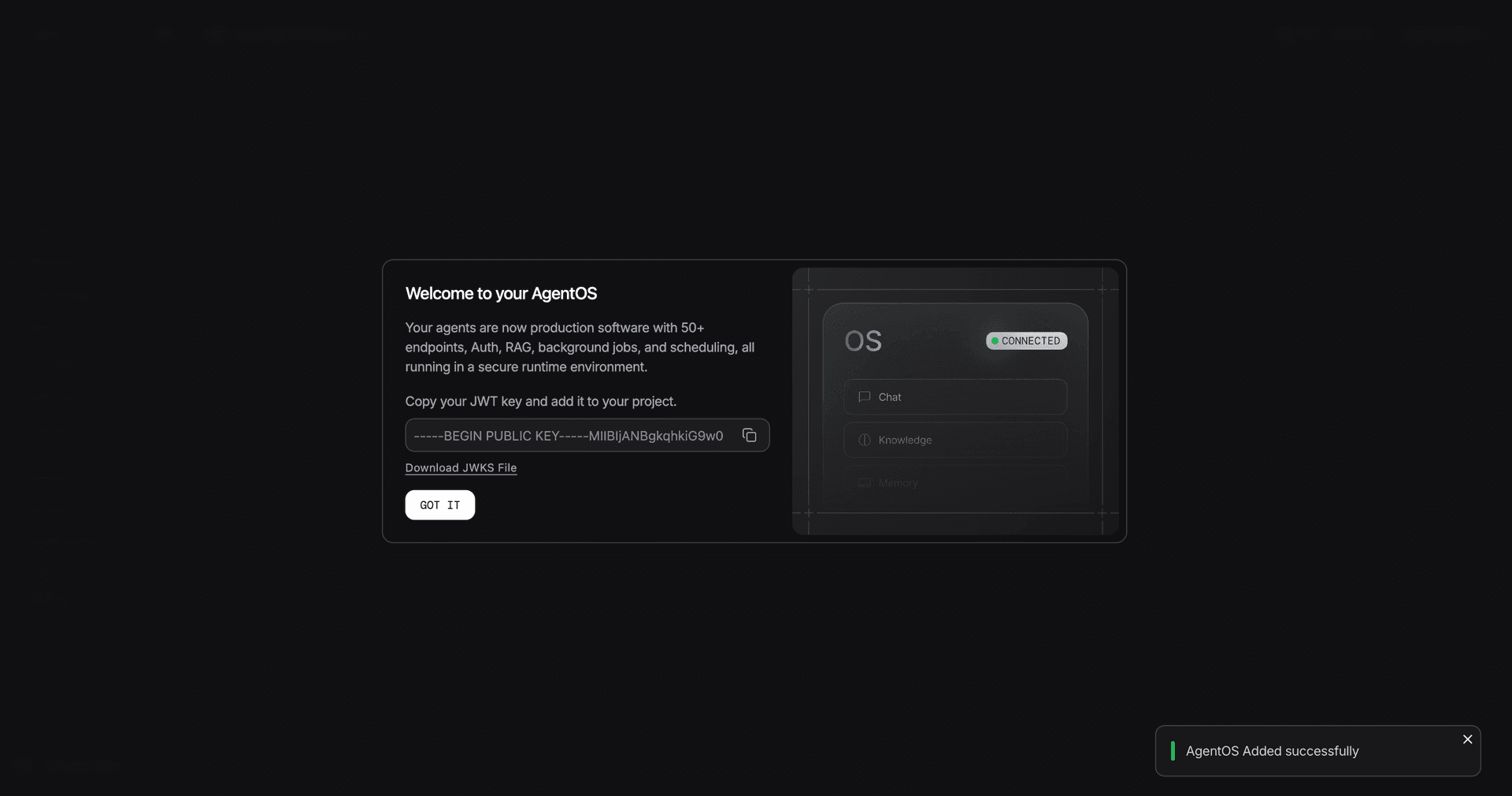 AgentOS welcome dialog with the JWT public key to copy