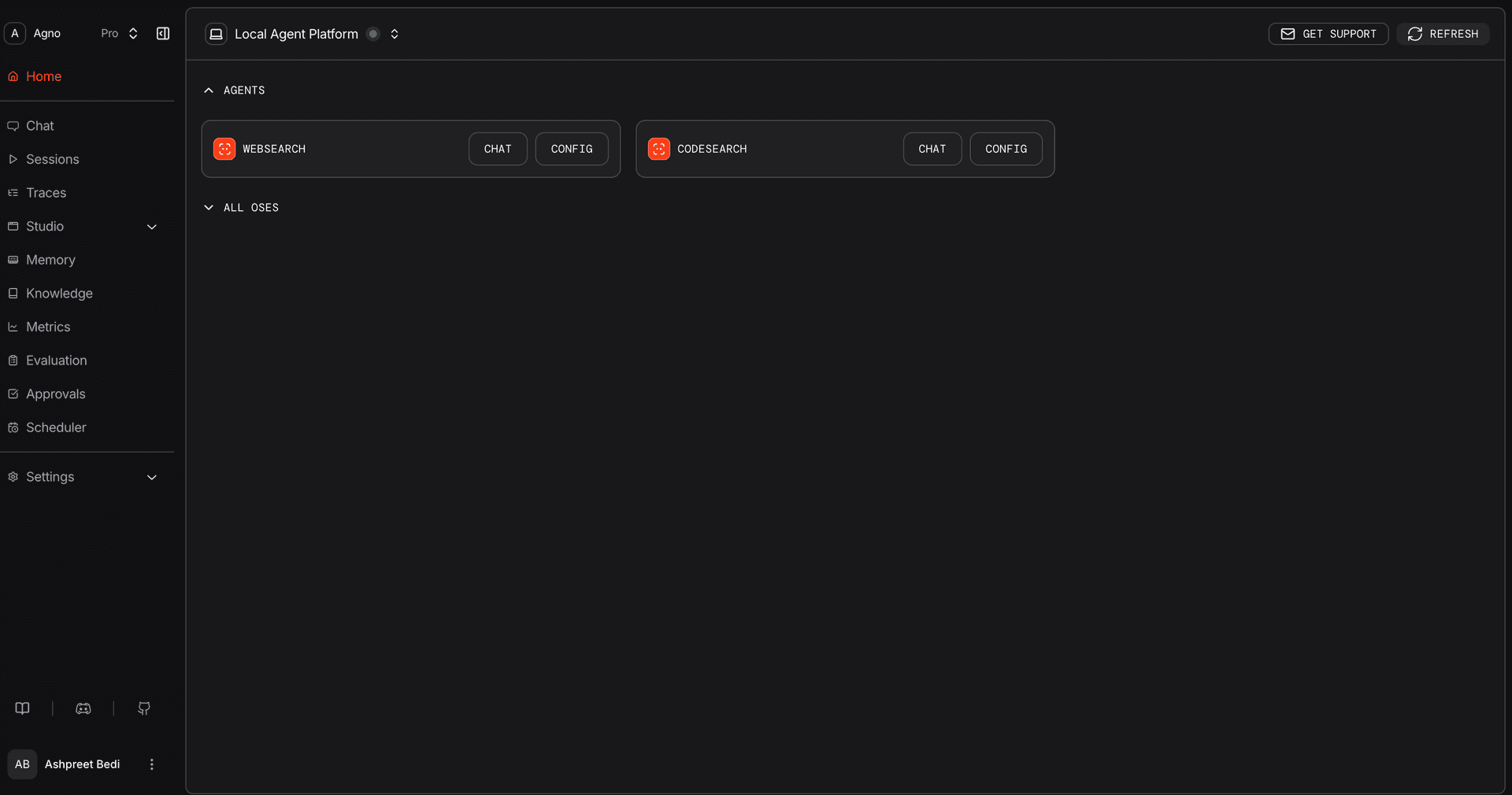 AgentOS UI with the two reference agents connected