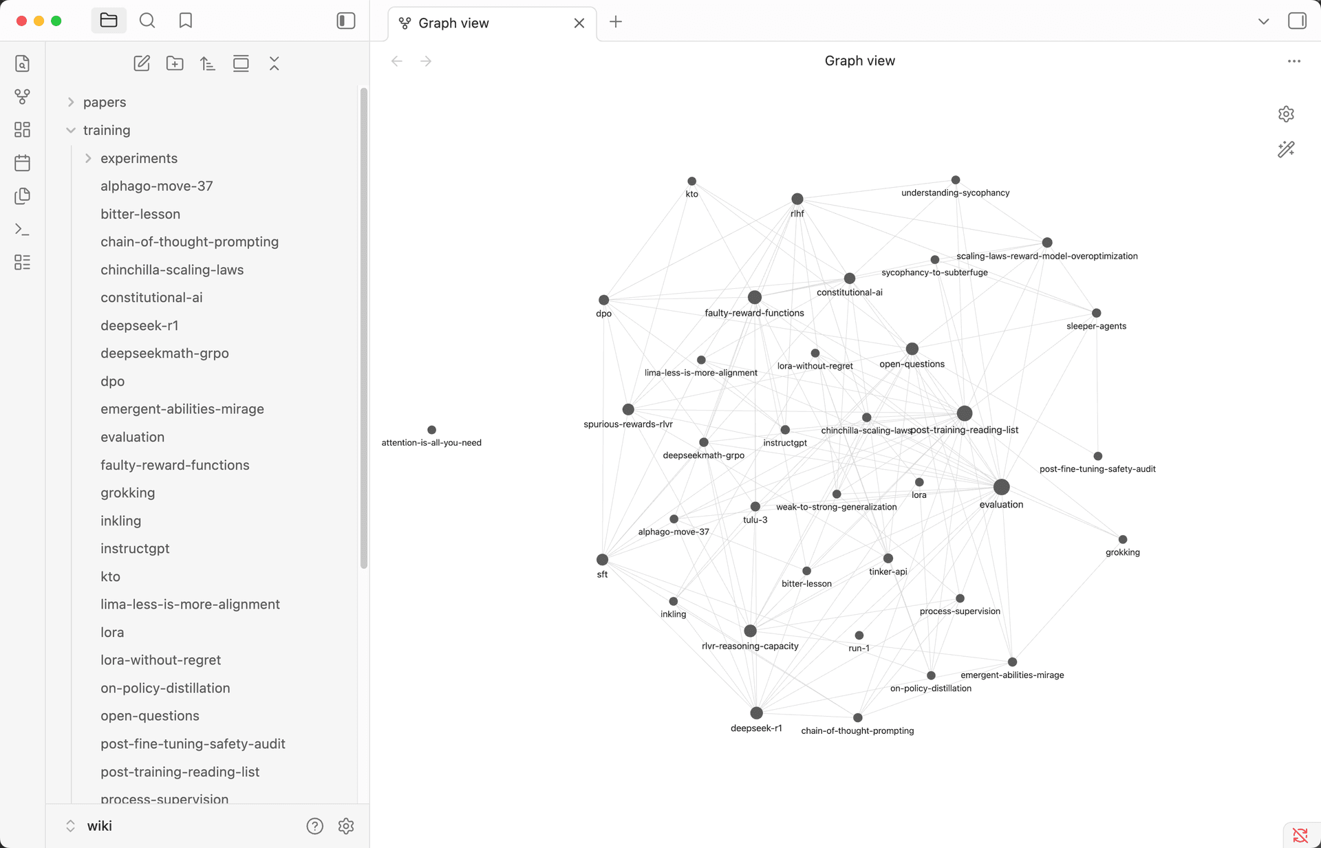 RL Tutor's post-training wiki open as an Obsidian graph